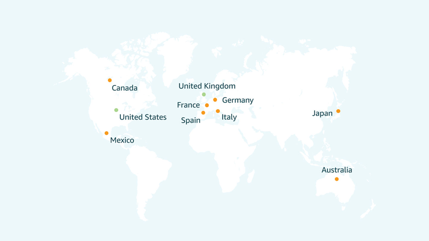 Map with Canada, United States, Mexico, United Kingdom, France, Germany, Spain, Italy, Japan, and Australia highlighted