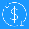 white dollar sign graphic with a circle around it and arrows pointing down on a bright blue background