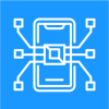 white icon of a phone with a computer chip in the middle with 6 lines going out in all directions on a bright blue background